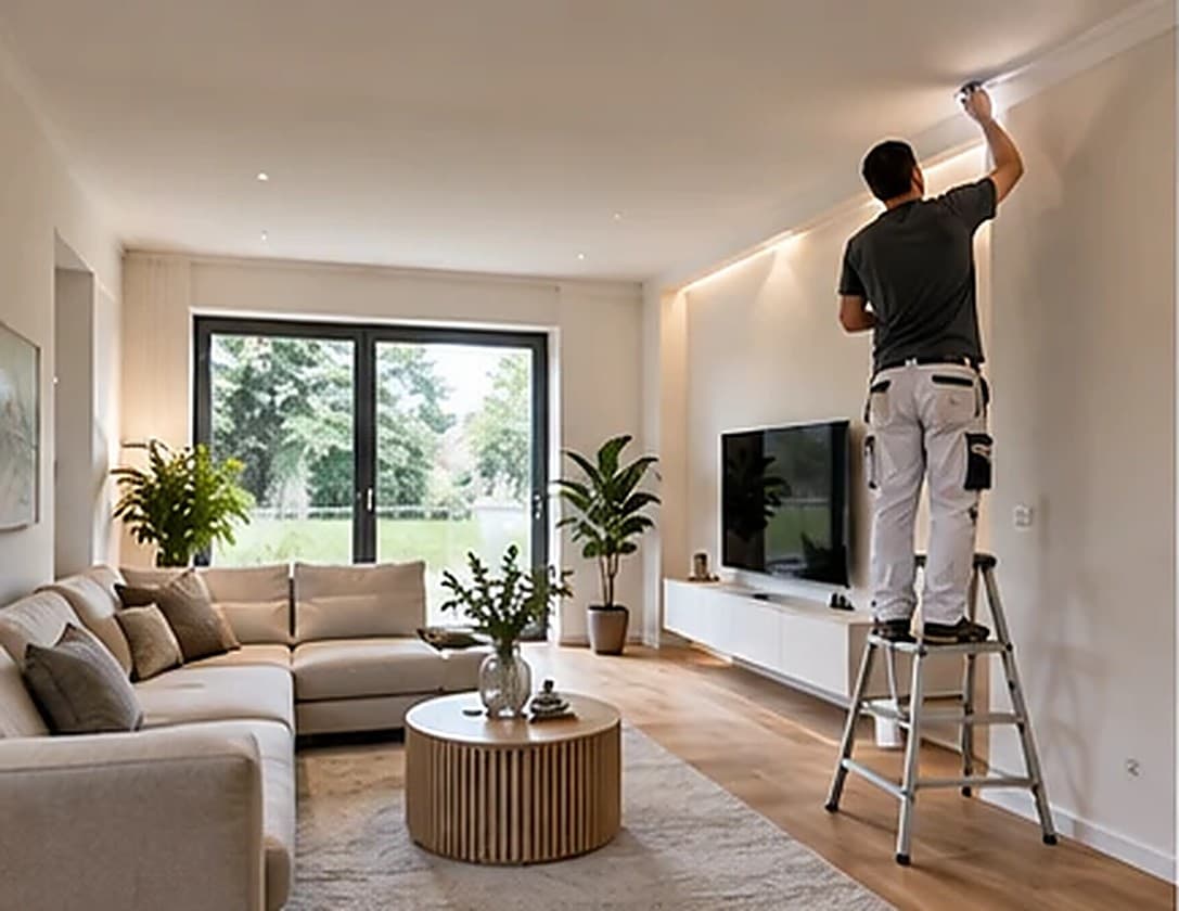 Saniertes Wohnzimmer in Berlin, Handwerker bei den Abschlussarbeiten